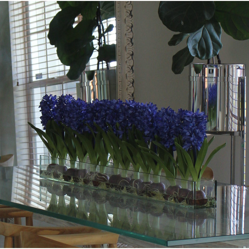 Orchids Centerpiece in Glass Planter, 16" H x 48" W x 4" D, Blue