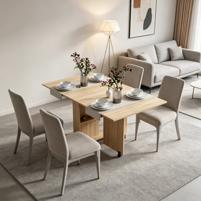 DFW Folding Dining Table, Versatile Dinner Table With 2 Wheels And 2 Storage Racks, Space Saving Dining Room Table, Folding Kitchen Table, Pear Wood Color