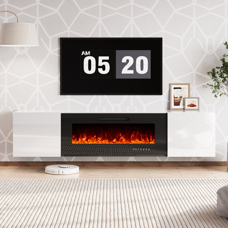 Bhhatu Highgloss Wall Mounted Floating Fireplace TV Stand, White, 80"