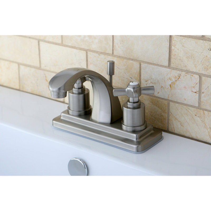 Kingston Brass Millennium Two-Handle 3-Hole Deck Mount 4" Centerset Bathroom Faucet with Brass Pop-Up, Brushed Nickel