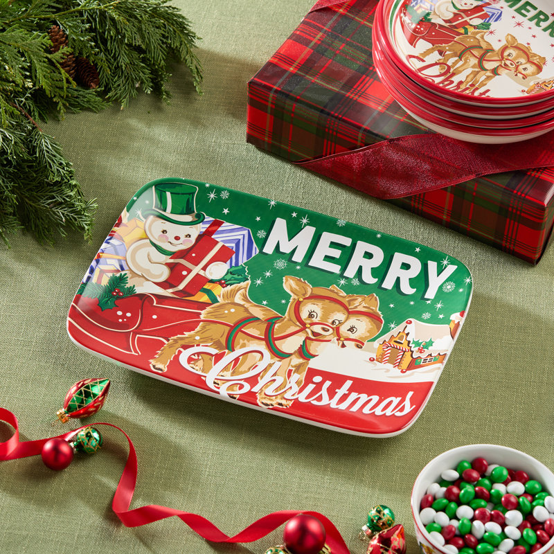 Plateau rétro en forme de père Noël - plateau en céramique des Fêtes avec art rétro du père Noël, des rennes et des bonhommes de neige, vaisselle festive nostalgique pour les biscuits, les hors-d'œuvre et les côtés