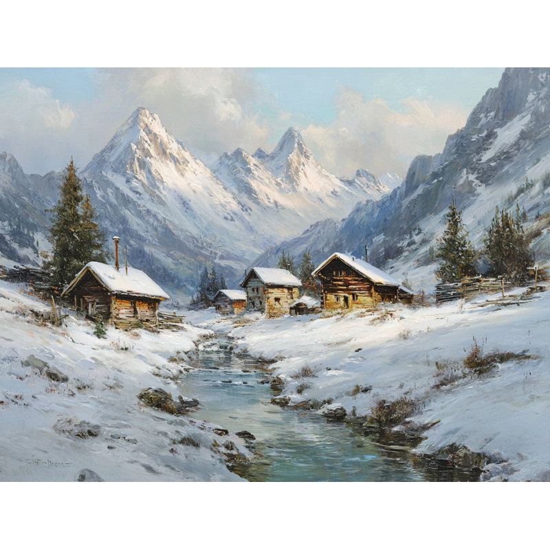 Alpine Cabins in Winter Light Wrapped Canvas Wall Art, 36" H x 48" W