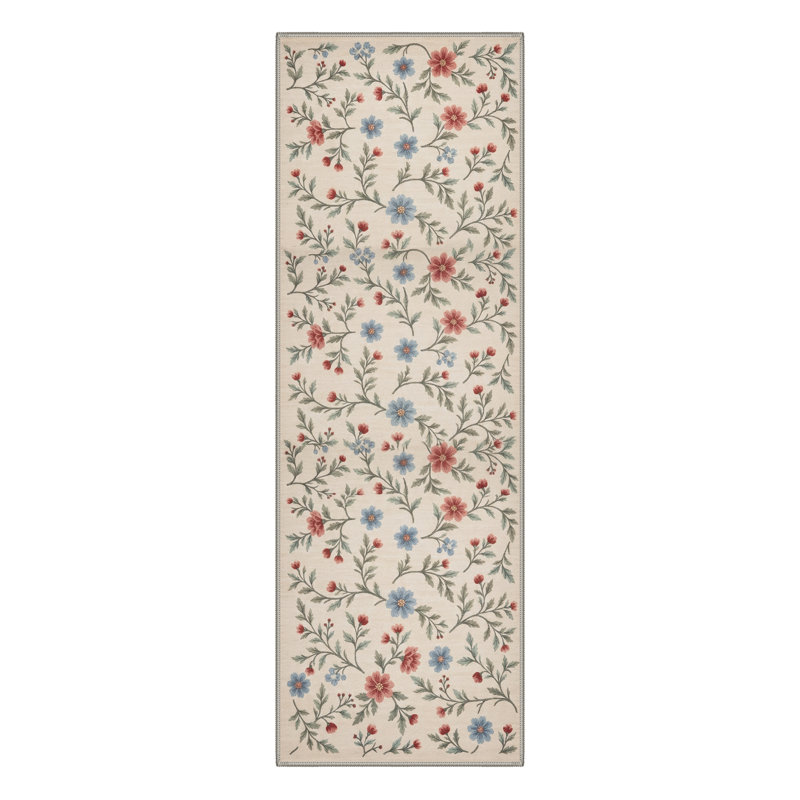 Aura Floral Machine Washable Beige / Blue / Red Indoor Area Rug with Non-Slip Backing, Runner 2' x 6'