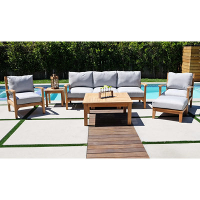 Huntington 6 Piece Teak Sofa Seating Group with Sunbrella Cushions -  Willow Creek Designs, HUN-DS6-2CLB1RT1LT1ARM1OTTO36SQ1END-5402