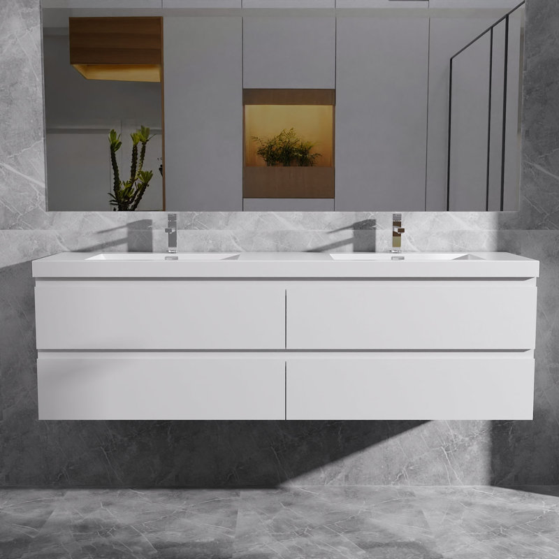Dhruven 72 Inch Fully Assembled Double Floating Bathroom Vanity With Solid Surface Sink, Gloss White