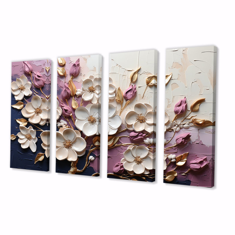 Blanc et mauve coquelicots - ensemble d'art mural floral abstrait 4 pièces, H 28 po x l 48 po