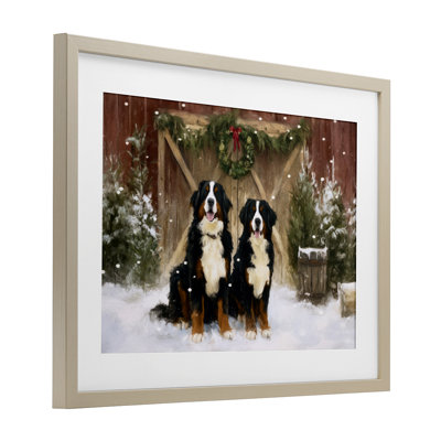 «Barnyard Bernese Mountain Dogs», reproduction sous verre encadrée, design par Tina LeCour