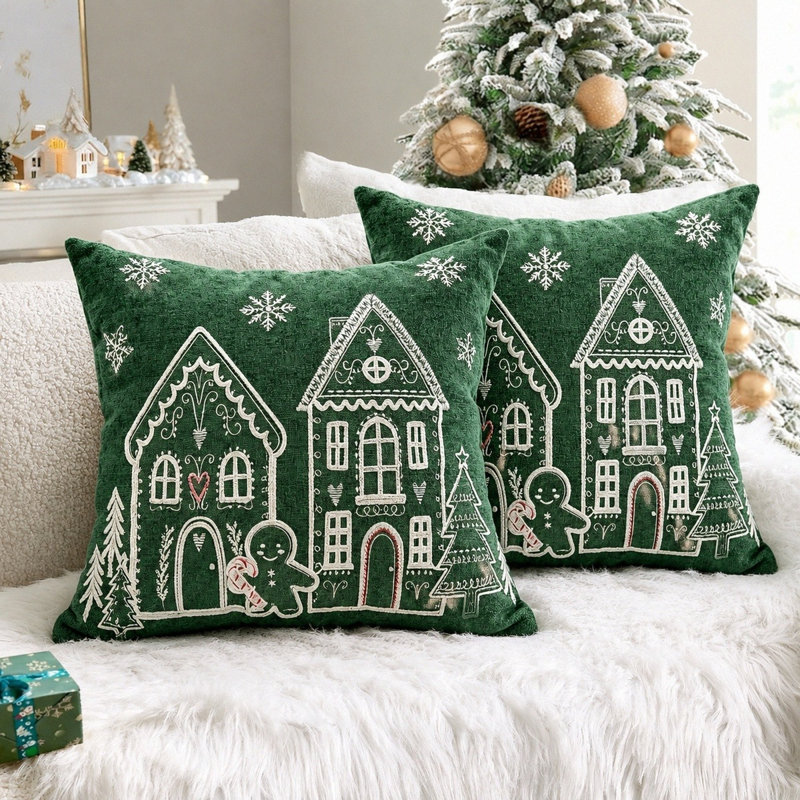 Housse de coussin décorative de Noël brodée, motif maison en pain d'épice, 45 x 45 cm, Green