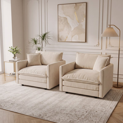 Set of 2 Oversized Accent Chairs with Softly Tailored Arms and Plush Cushions, Light Coffee