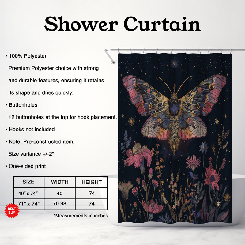 Rideau de douche standard 1 pièce Ethereal Moth, H 74 po x l 71 po