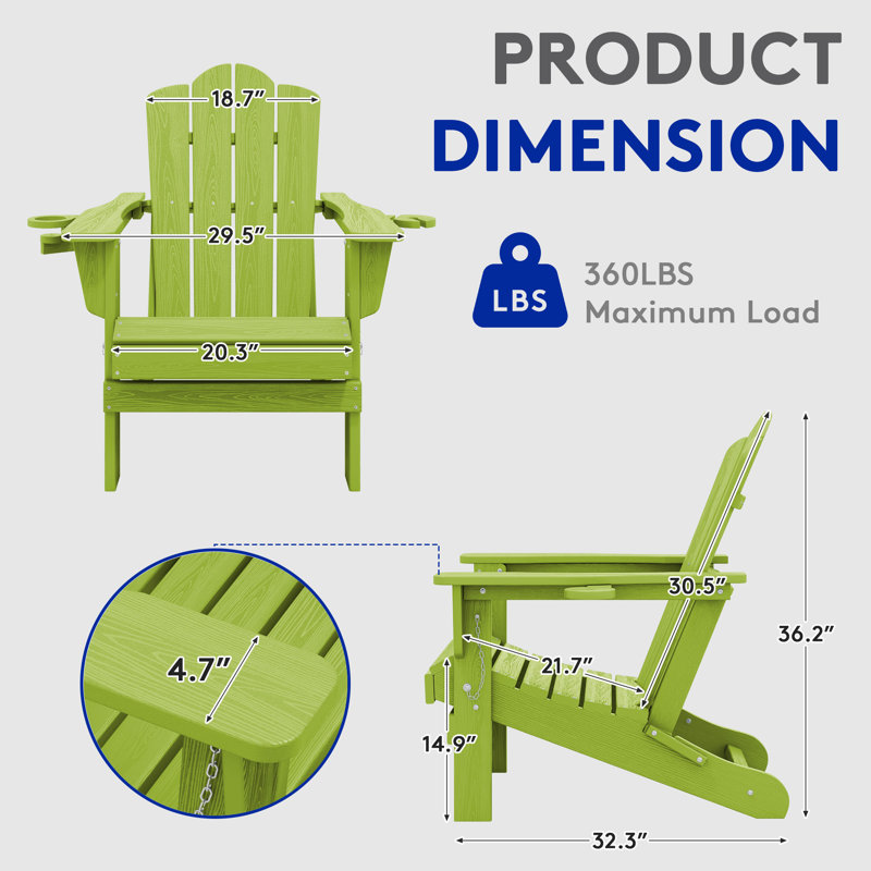 Chaise Adirondack pliante Ayanda en PEHD avec porte-gobelet double (ensemble de 4), Vert pomme