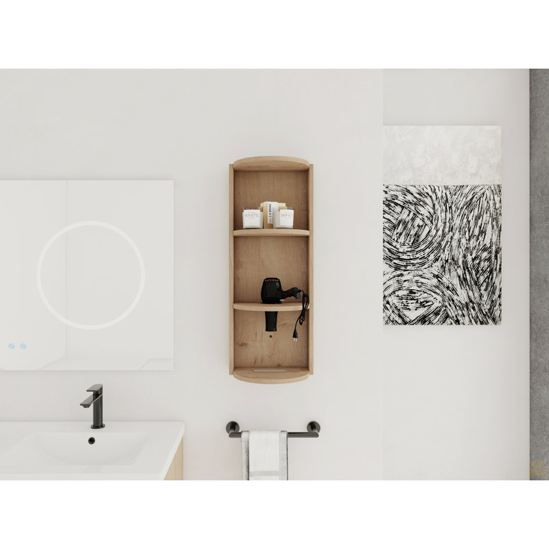 12" Bathroom Wall-Mounted Storage Rack, Float Mounting Design, Imitative Oak