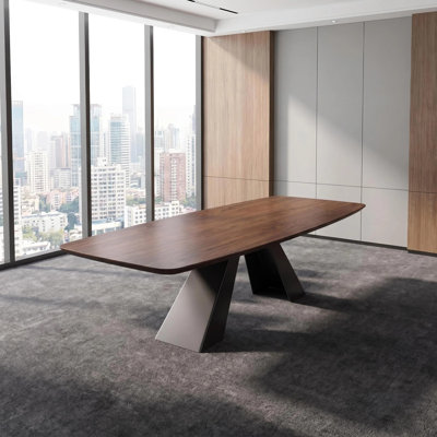 Modern Solid Wood Rectangular Conference Table with Sturdy Metal Base