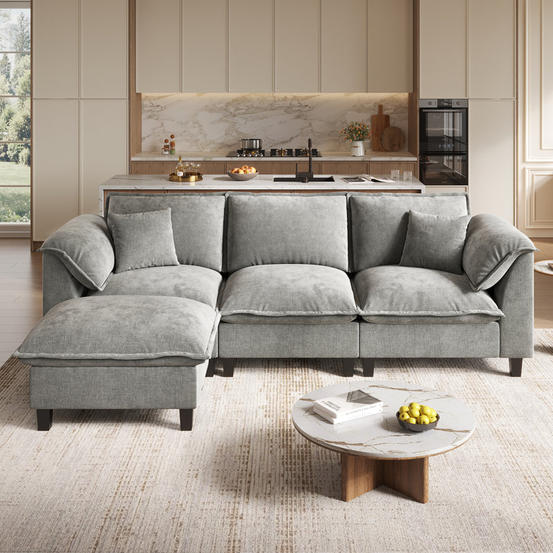  Modular Sectional Sofa With Movable Ottoman, L-shaped Couch With Removable Washable Cushion Covers, 9.8" Extra-thick Cushions, Tool-free Easy Assembly, Padded Armrests For Living Room, Gray