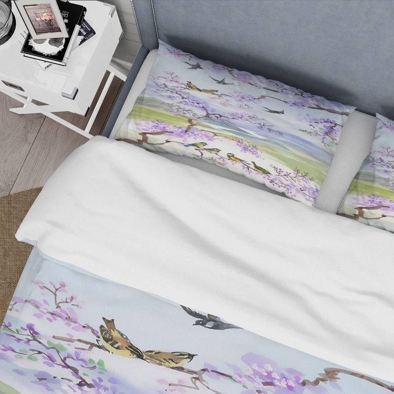 Birds On Cherry Branch - Ensemble de housse de couette traditionnel - Microfibre de polyester