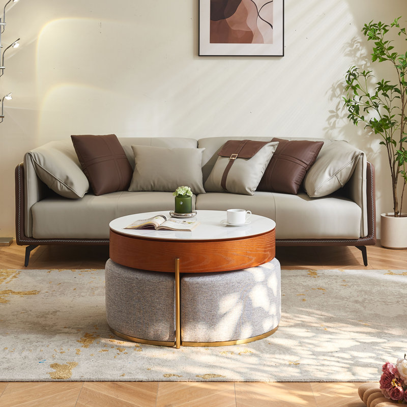 Lift Top Extendable 3 Storable Stools Sintered Stone Coffee Table with Storage, Grey