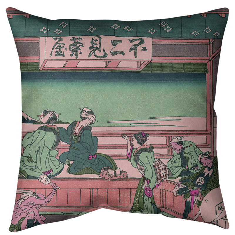 Coussin Katsushika Hokusai Yoshida at Tokaido, Rose / Vert, Faux lin