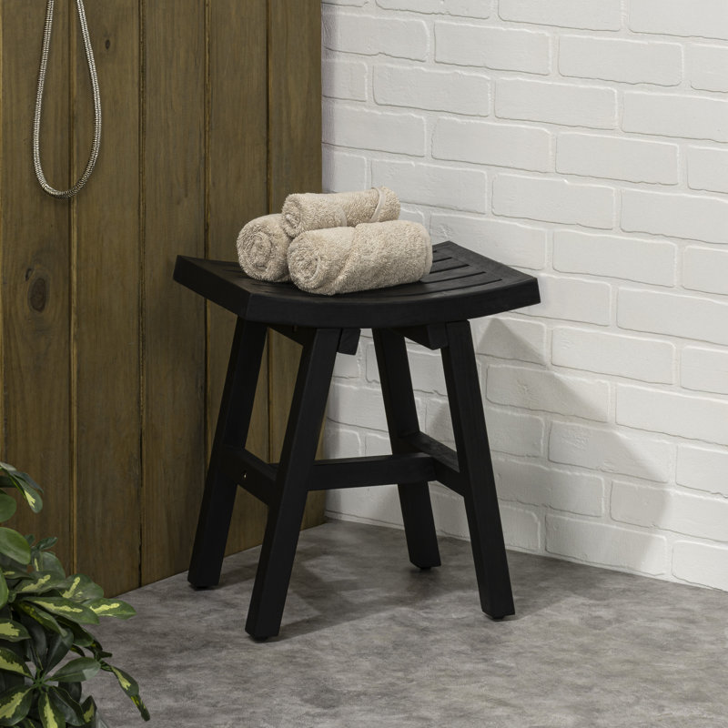 Tamlyn Modern Solid Acacia Wood Shower Stool, Water-Resistant Slatted Spa Bath Seat & Shaving Bench for Bathroom or Indoor/Outdoor, Black