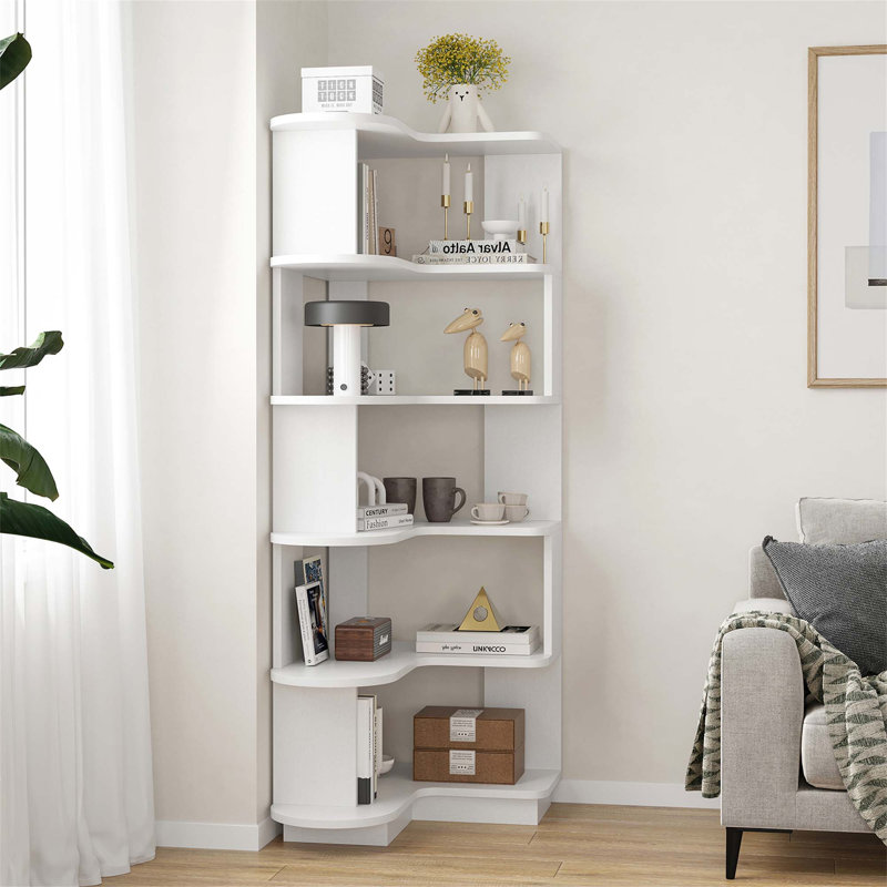 5-Tier Corner Bookshelf,L-Shaped Bookcase Freestanding Storage Shelf & Display Stand For Living Room, Office, Bedroom, White