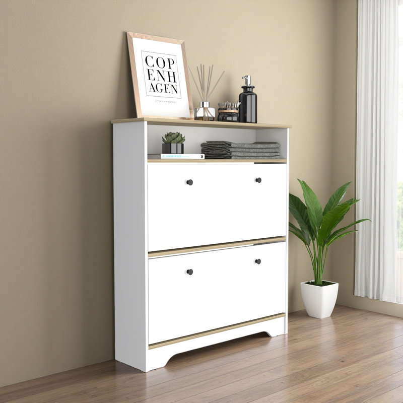 Shoe Rack 46" H, One Open Storage Shelf, Two Internal Storage Drawers, Two Doors