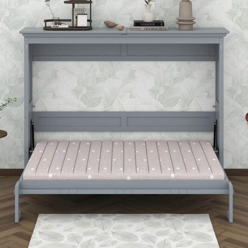 Lit escamotable en bois avec tablette, lit escamotable Farmhouse avec rangement, Double, Gris