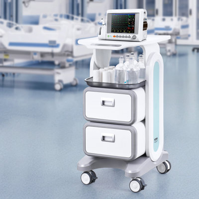 Chariot médical mobile à 3 niveaux avec 2 tiroirs et 1 plateau supérieur blanc, chariot de rangement avec matériau ABS