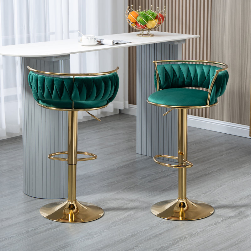 Tabouret de bar pivotant avec dossier Ginko, Vert foncé, Doré