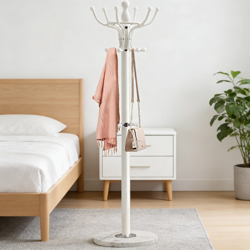 Freestanding Coat Rack With 16 Hooks And Weighted Marble Base - Heavy Duty Metal Hall Tree Stand For Entryway, Coat, Hat And Bag Organization