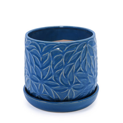 7" Navy Blue Ceramic Flowerpot , Heat And Frost , Built-In Drainage, Perfect For Garden Windowsill 2 Modern Planters In Blue, Heat-, All-Weather Tolerant, Drainage Hole Root Development Wellness