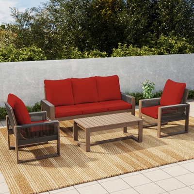 Ensemble de conversation pour patio, mobilier d'extérieur en bois 4 pièces, canapé 3 places avec table basse et 2 fauteuils, coussin rouge / coussin beige.