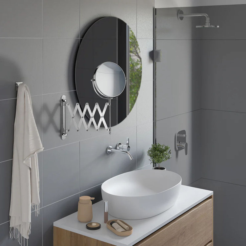 Miroir de maquillage / rasage mural à double face extensible / rétractable - grossissement de 7 fois et normal, Silver Plated