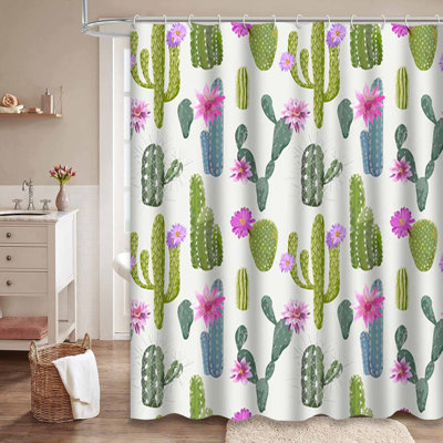 Rideau de douche rétro à motif floral tropical avec 12 crochets Cactus