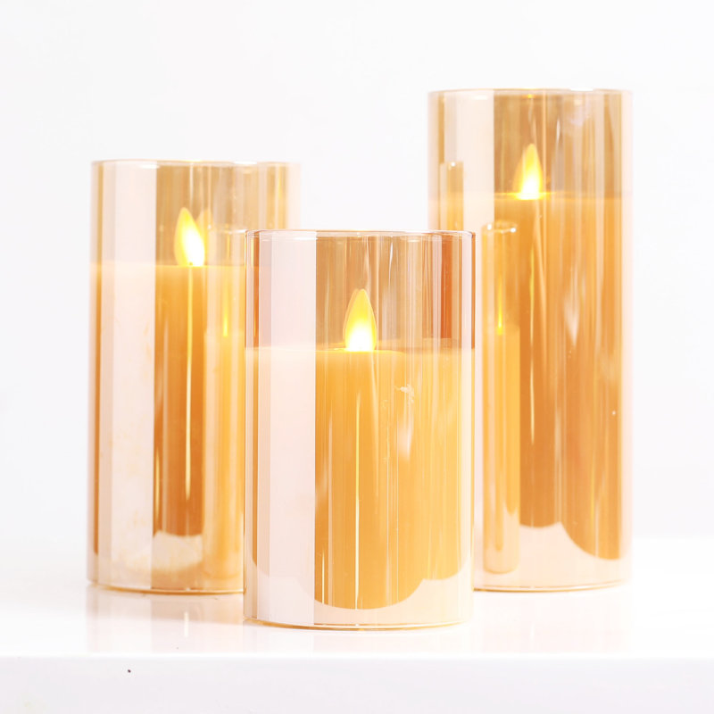 Moving Flameless LED Amber Glass Pillar Candles with Remote- Set of 3