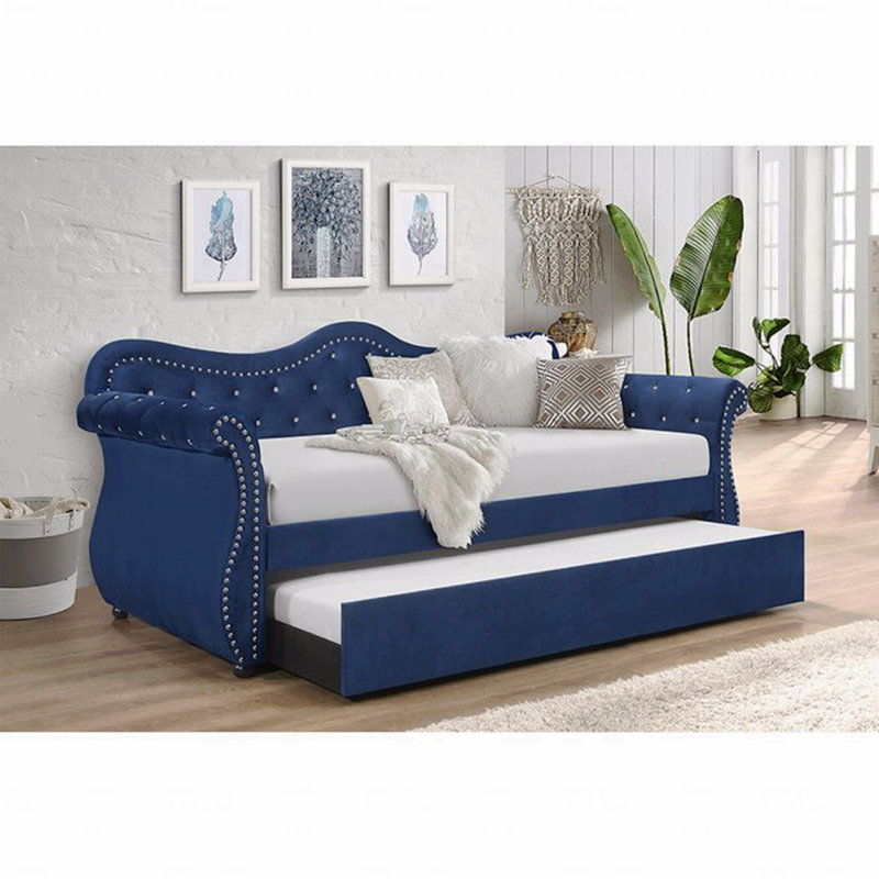 Upholstered Daybed, Velvet Wood Trundle Daybed, Navy
