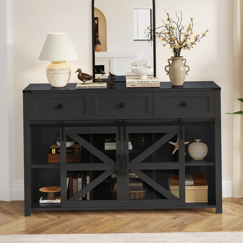 Buffet avec tiroirs, tablettes réglables, armoire d'appoint avec poignées en aluminium pour le salon, la salle à manger, Noir