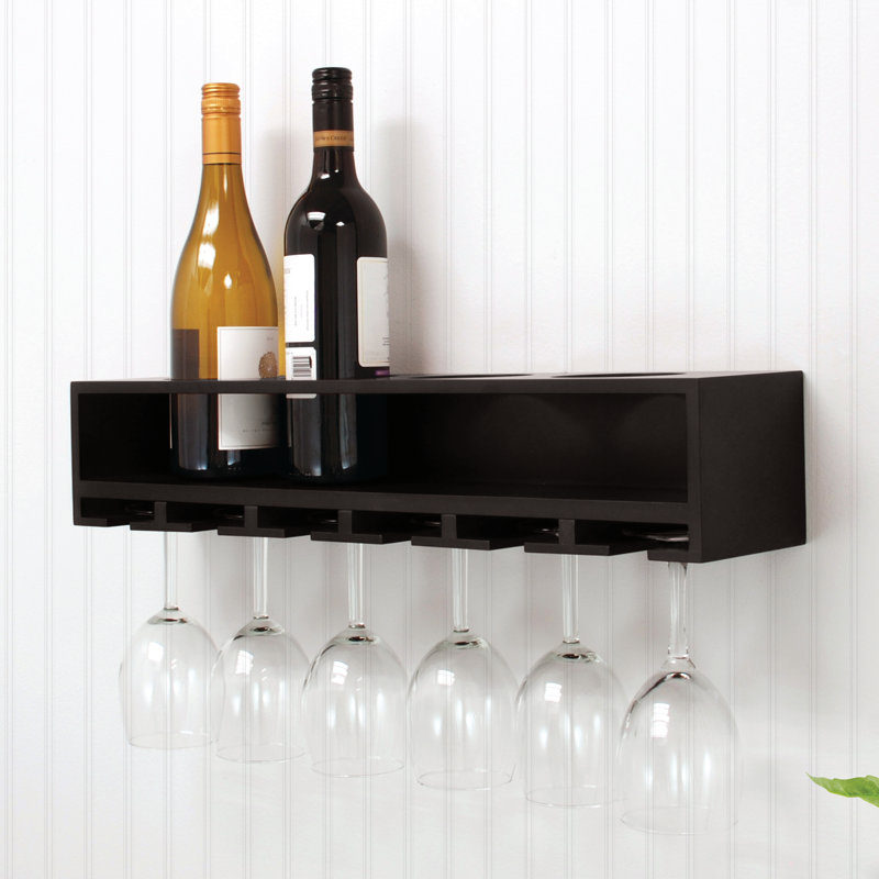 Ebern Designs Maddie Wall Mounted Wine Bottle & Glass Rack in Black ...