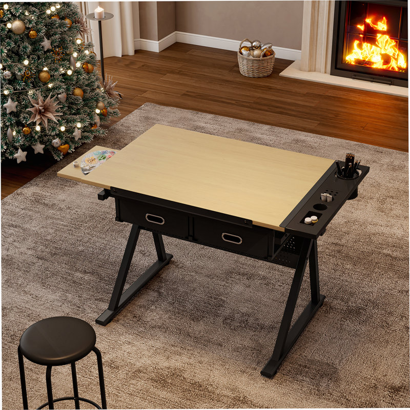Bureau de dessin réglable avec tabouret et 2 tiroirs pour le bureau personnel, Érable