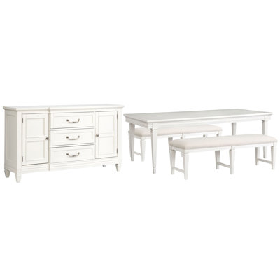 Gilvira Extendable Rectangular Dining Table With 2 Upholstere Benches And Buffet
