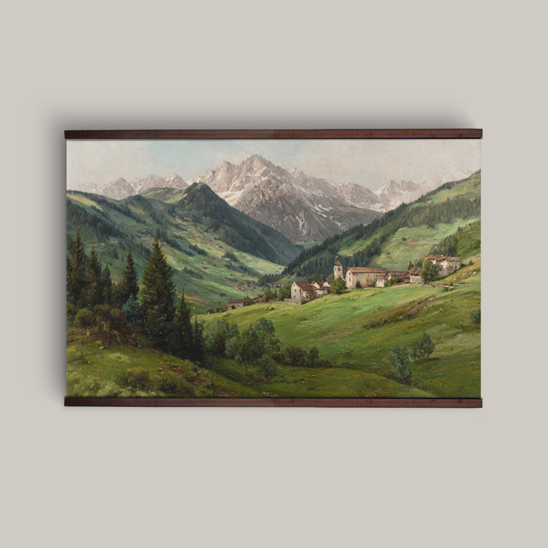 Très grande tapisserie murale sur toile Mountain Village avec cintre en bois, H 40 po x l 60 po