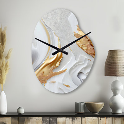 White And Gold Marble Abstract I - Pear Shape Large White Wall Clock - Unique Shape