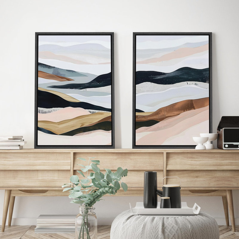 «Serene Mountain Landscape», 2 pièces sur toile, Cadre noir, H 36 po x l 24 po