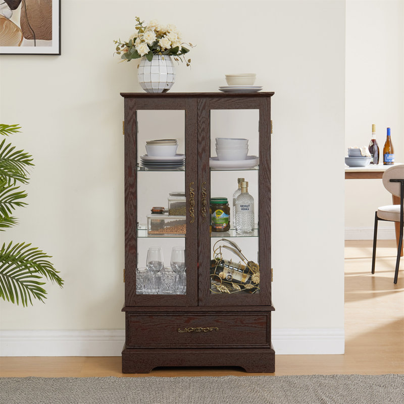 Vitrine lumineuse vitrée avec tablettes réglables, 2 portes et 1 tiroir pour une décoration intérieure élégante, Cerisier