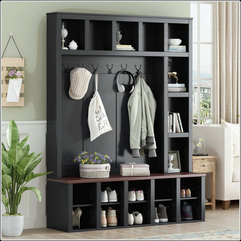 4-in-1 Farmhouse Hall Tree with 6 Hooks, Adjustable Shelves, and Walnut Bench, Black/Dark Walnut
