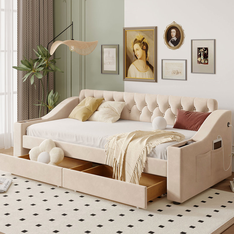 Lit de jour simple beige avec rangement et accoudoirs, unité rembourrée, Beige