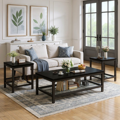 Modern Farmhouse Coffee Table Set Of 3, Rectangular Coffee Table With 2 Square End Side Tables, 2-Tier Living Room Table Set With Metal Frame & Open S by 17 Stories