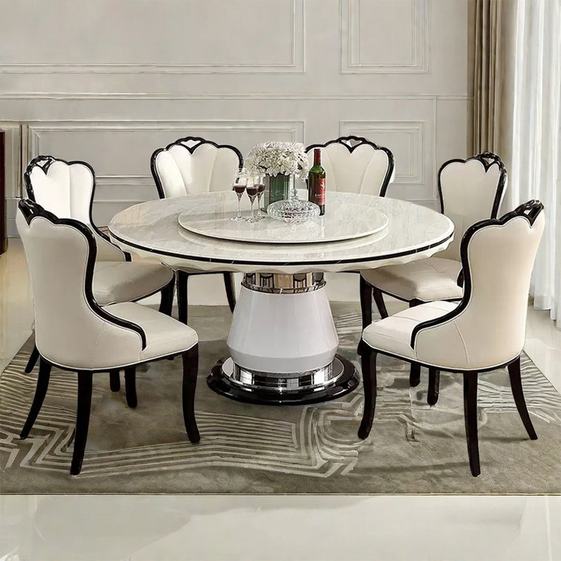 Ensemble de table de salle à manger simple en faux marbre blanc, 9