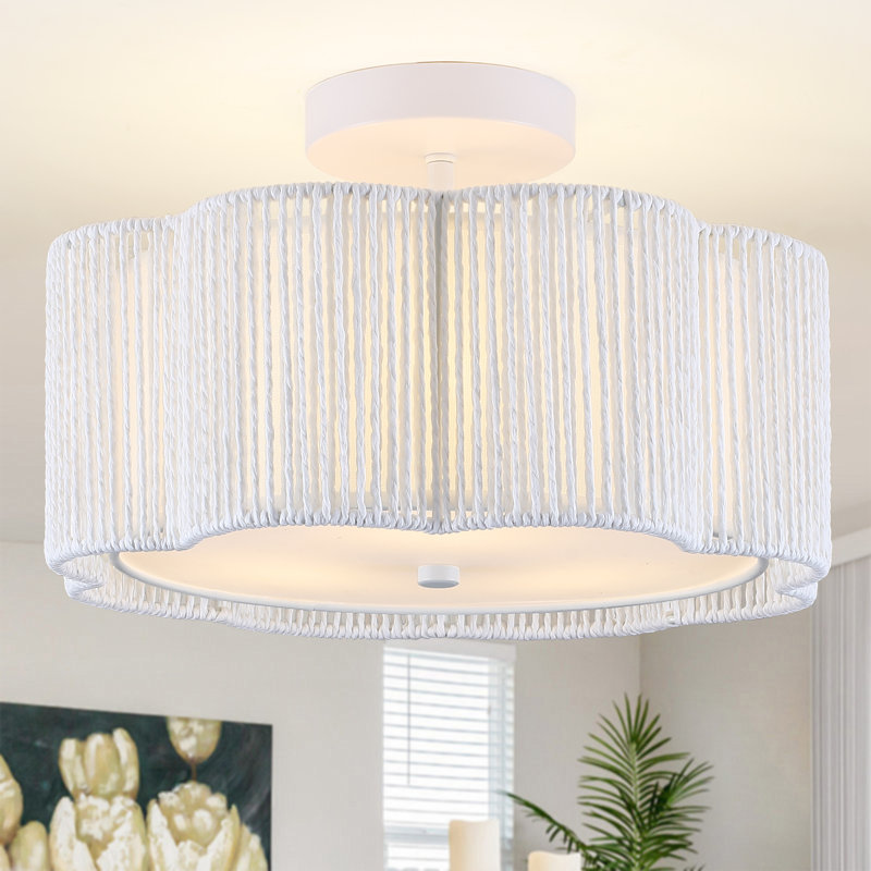 Plafonnier semi-encastré à 3 lumières 12,6 po Boho Rattan, Blanc, Blanc
