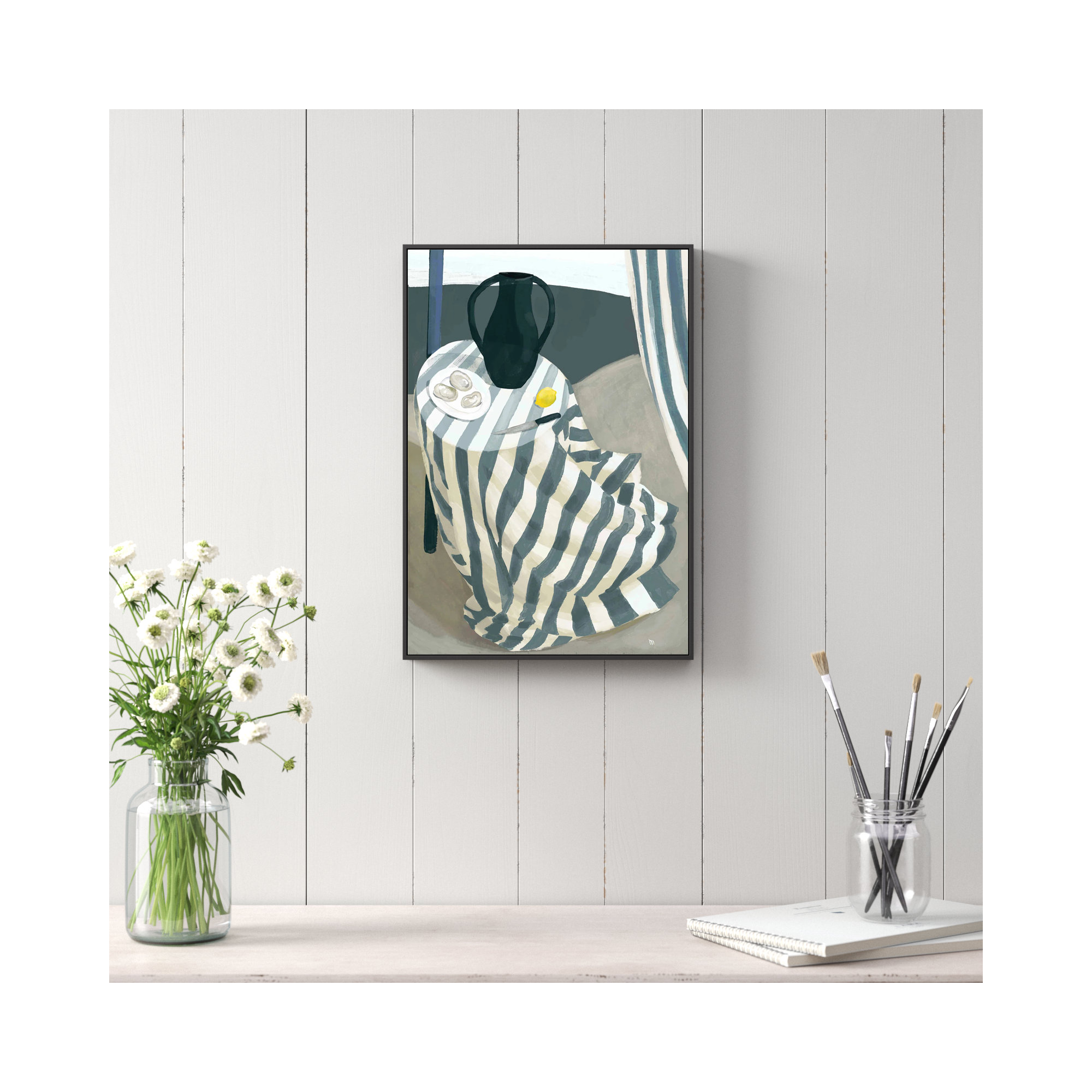 Oysters At The Beach by Marco Marella For Studio M, Black Framed Canvas, 14" W x 20" H