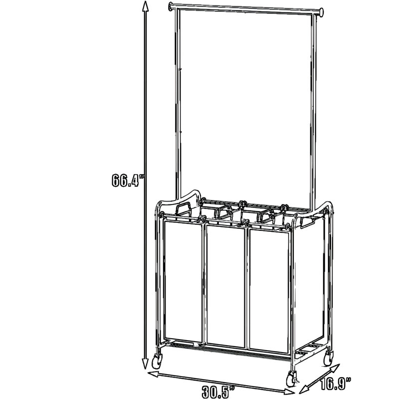 Chariot de trieur de linge robuste avec barre de suspension extensible et 3 sacs amovibles, cadre en métal durable avec roulettes verrouillables pour faciliter le tri et le rangement