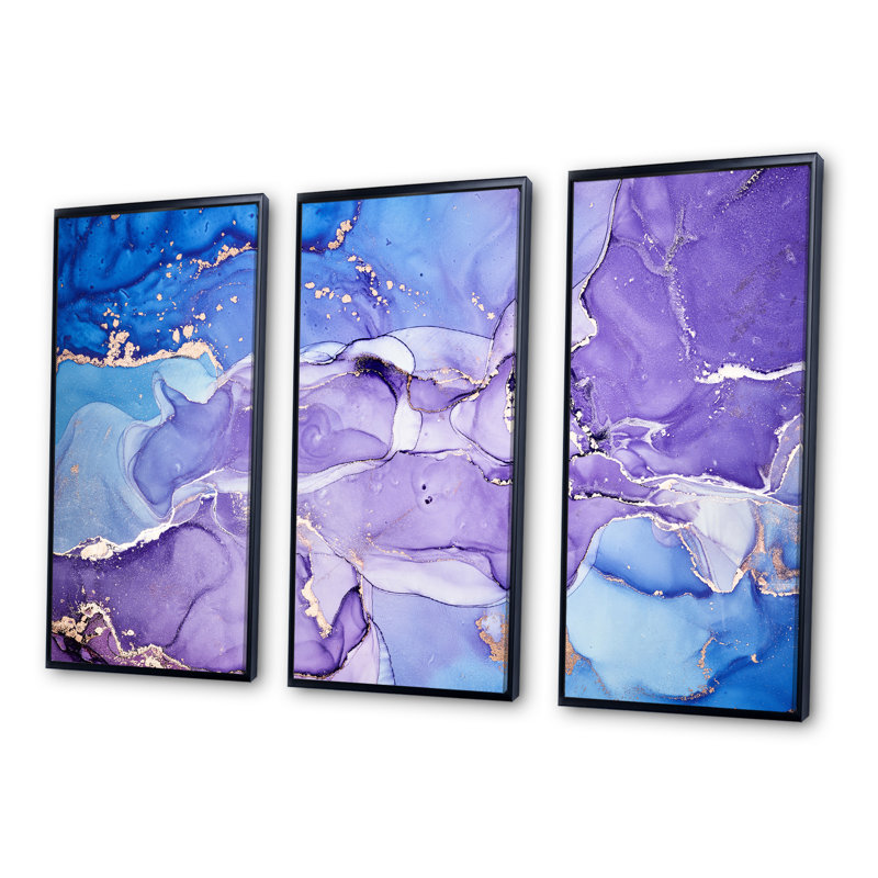 «Blue and Purple Abstract Marble I», reproduction de cadre photo sur toile 3 pièces, Cadre noir, H 32 po x l 48 po x P 1 po